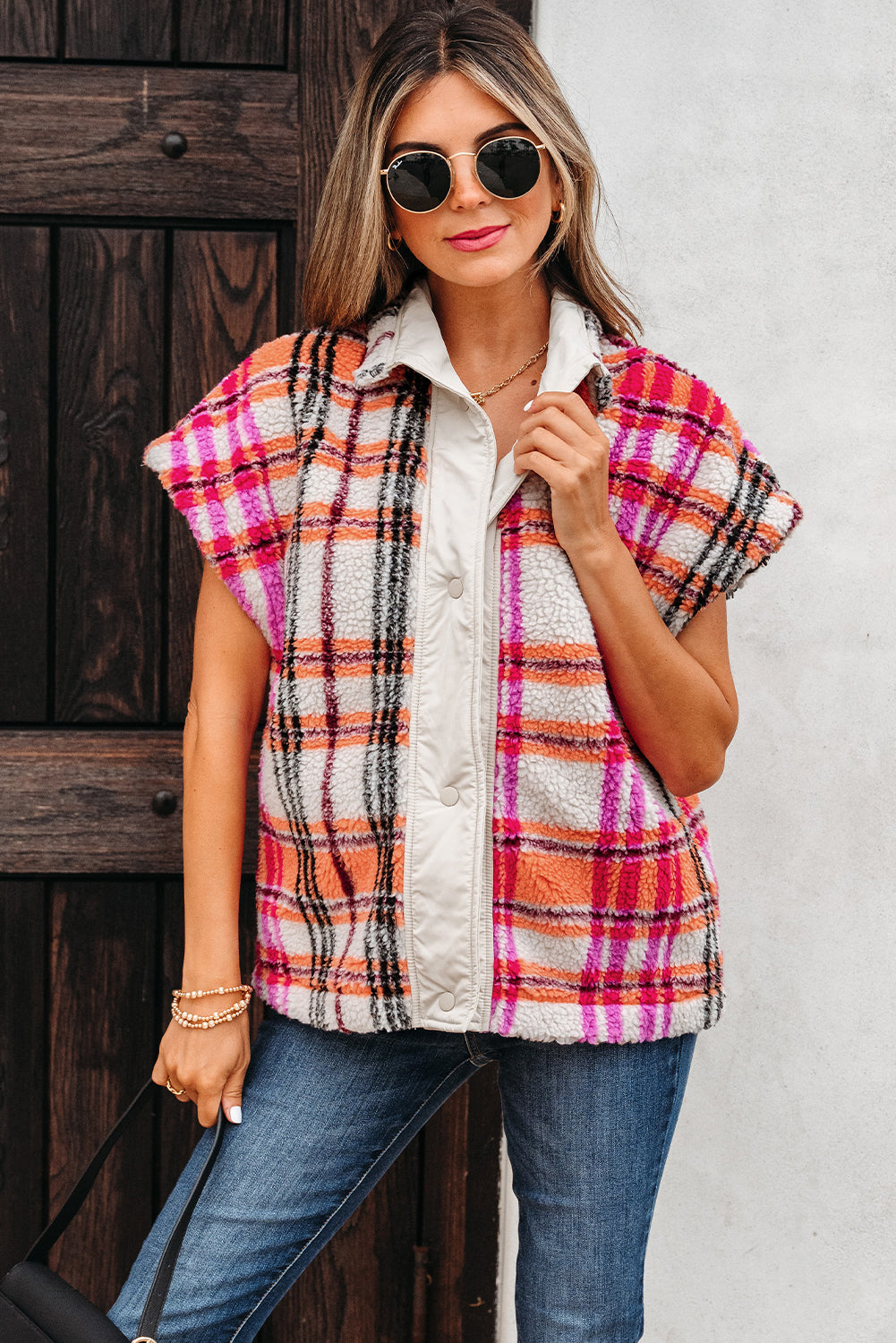 Rose Sherpa Plaid Vest
