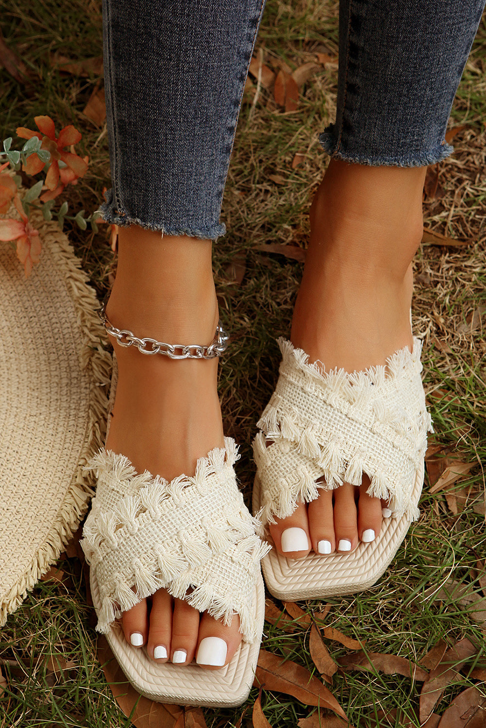 Tassel Crossed Straps Flat Slippers