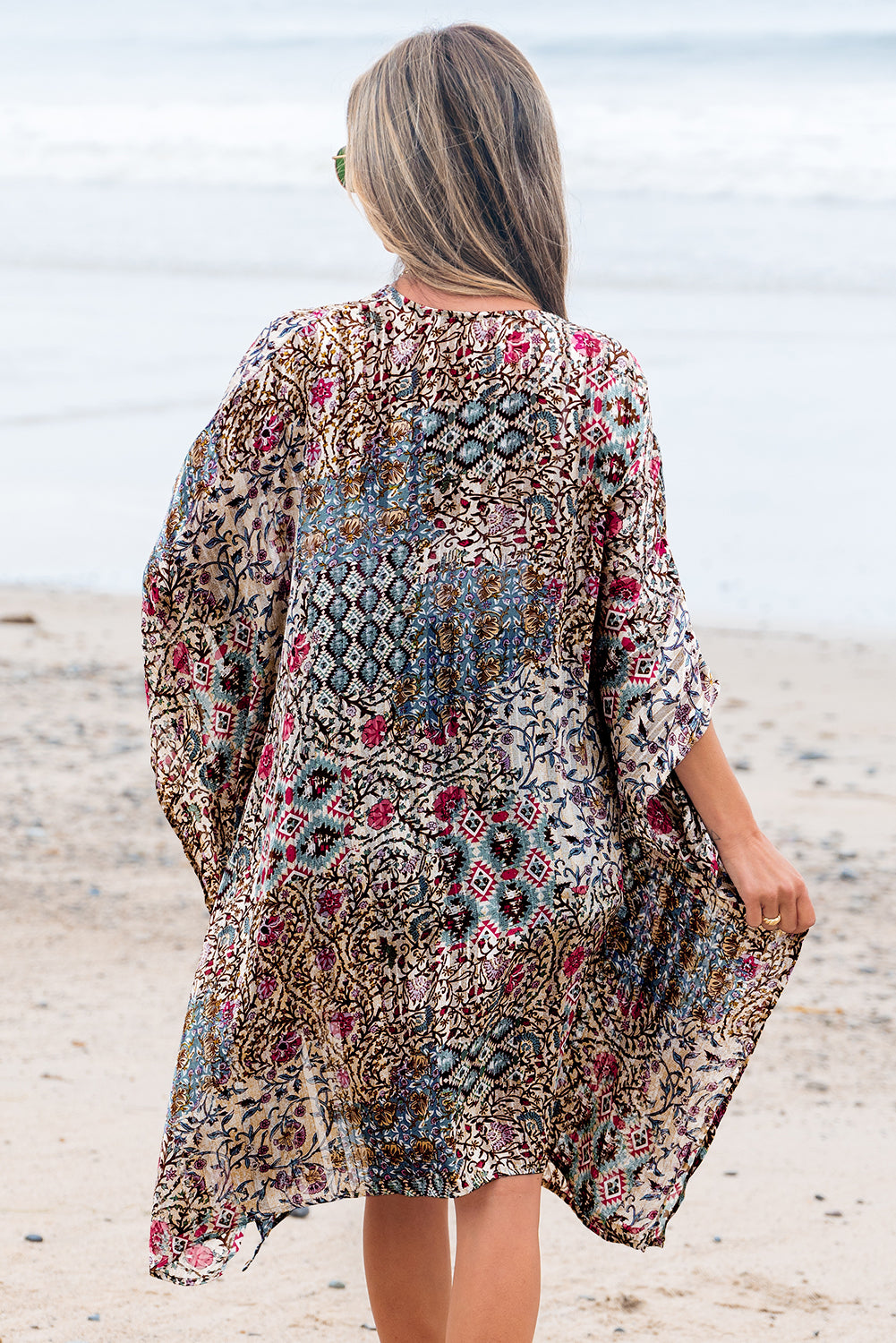 Apricot Floral Print Open Front Loose Kimono