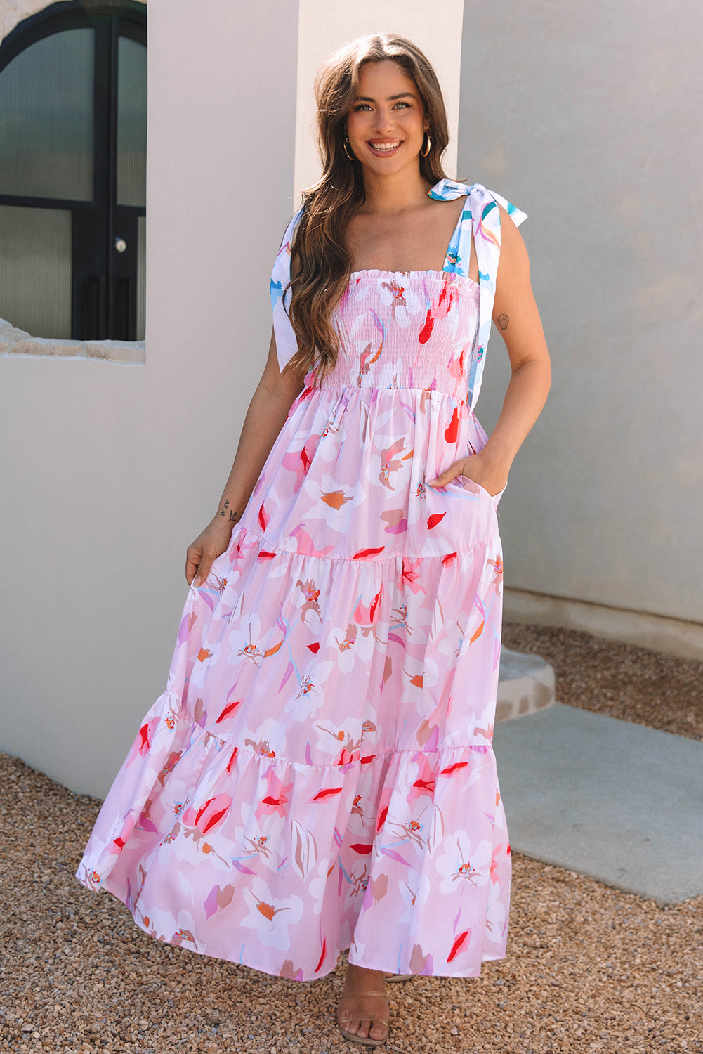 Floral Knotted Shoulder Smocked Maxi Dress