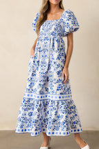Sky Blue Floral Print Square Neck Bubble Sleeve High Waist Maxi Dress