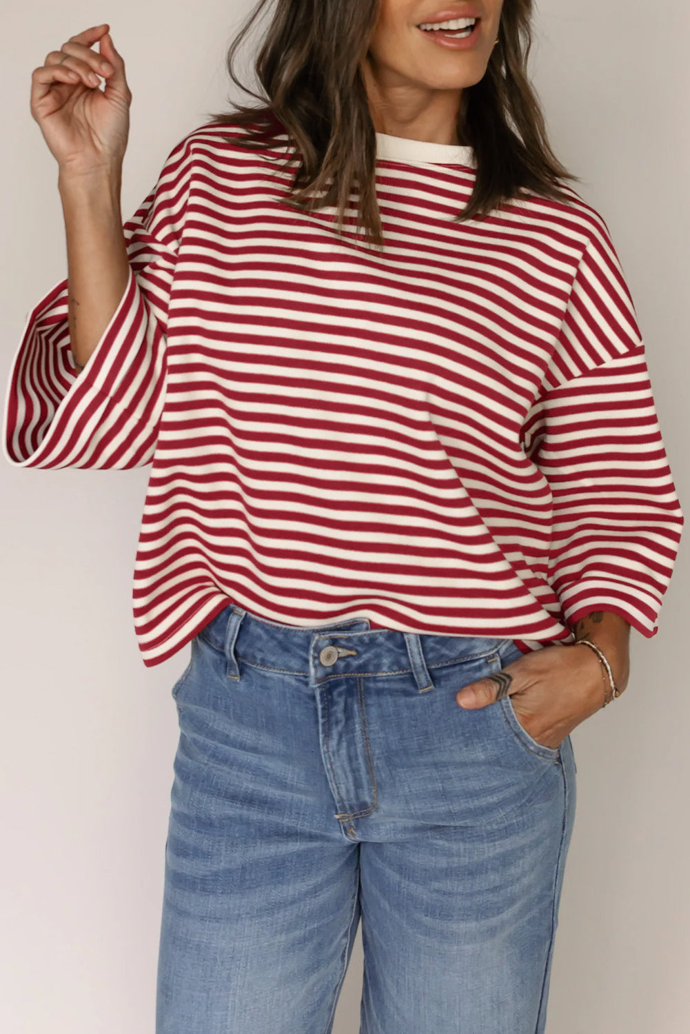 Red Stripe Bowknot Cutout Back Drop Shoulder Tee