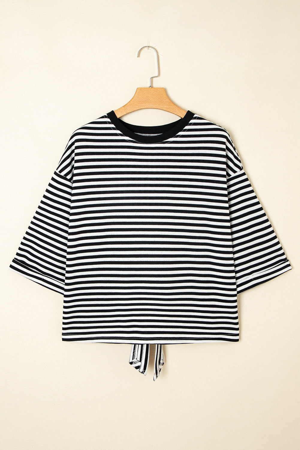 Black Stripe Bowknot Cutout Back Drop Shoulder Tee