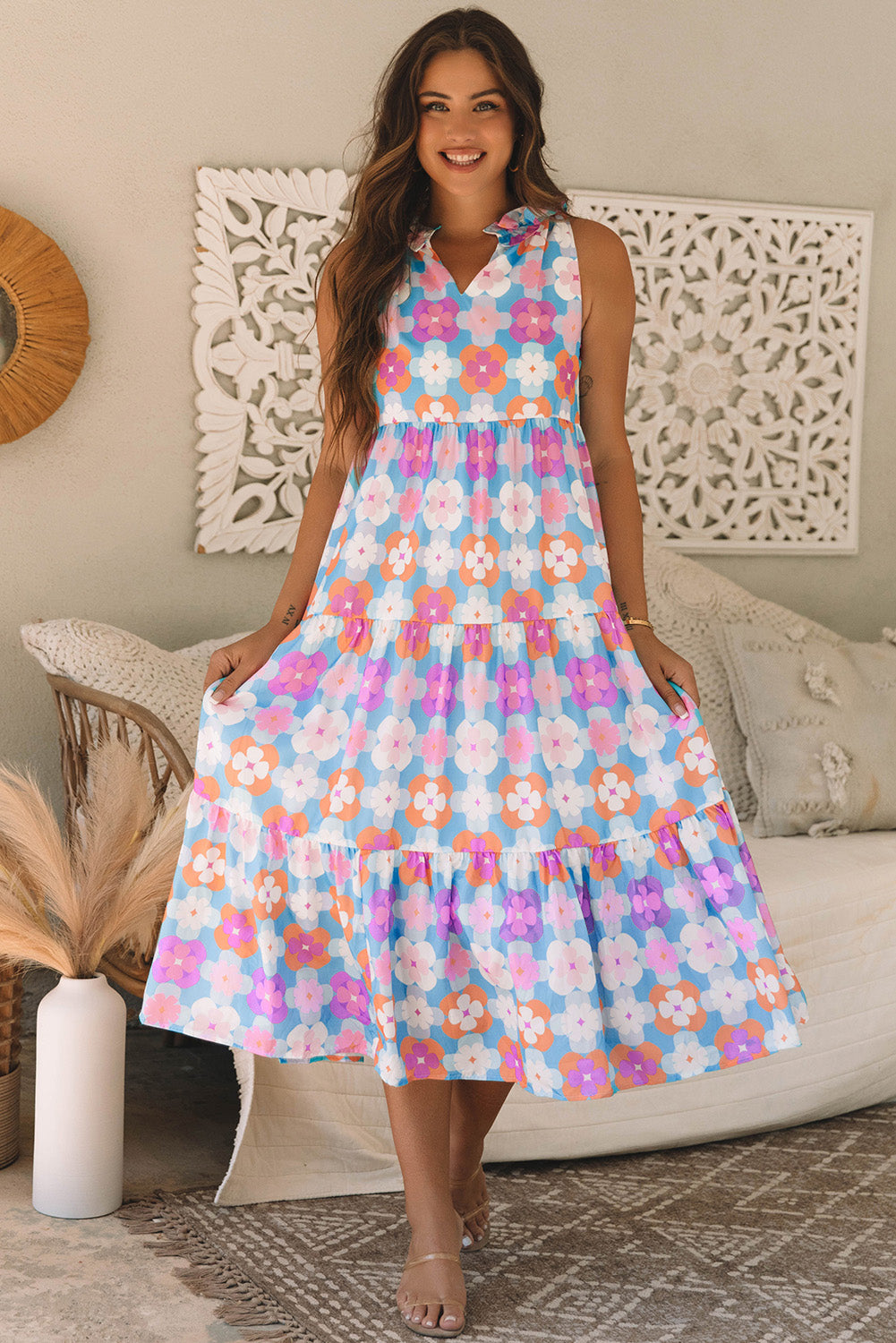 Floral Print Frilly Neck Maxi Dress