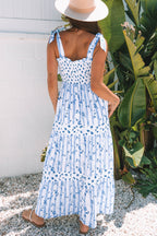 Sky Blue Floral Smocked Tied Straps A-Lined Tiered Maxi Dress