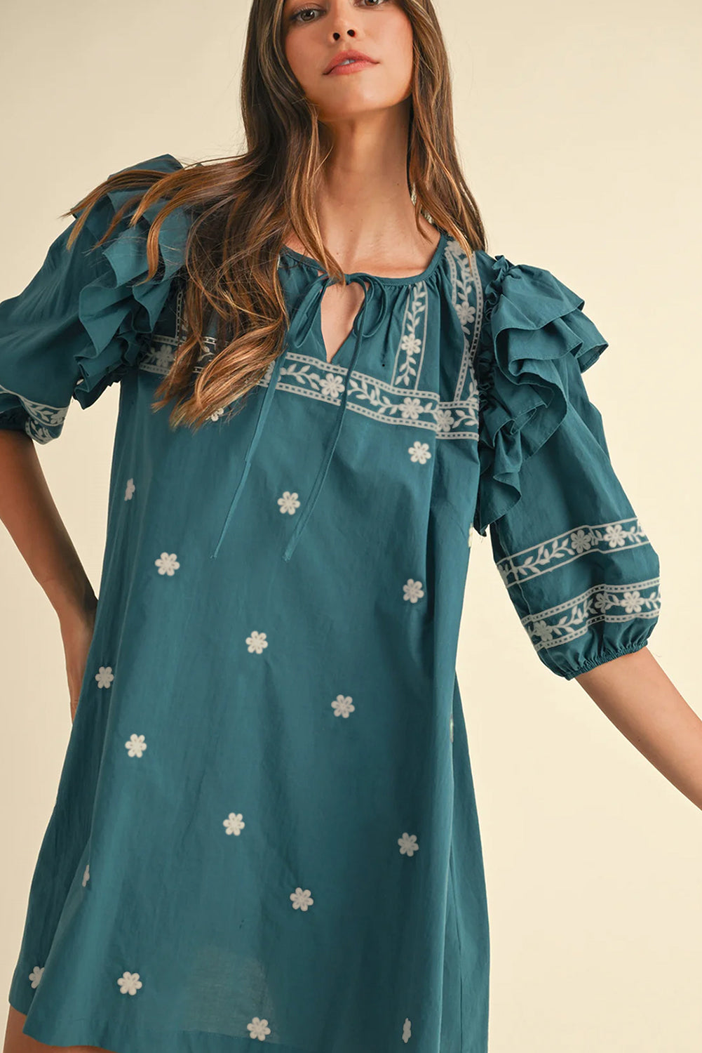 Boho Ruffle Puff Sleeve Mini Dress
