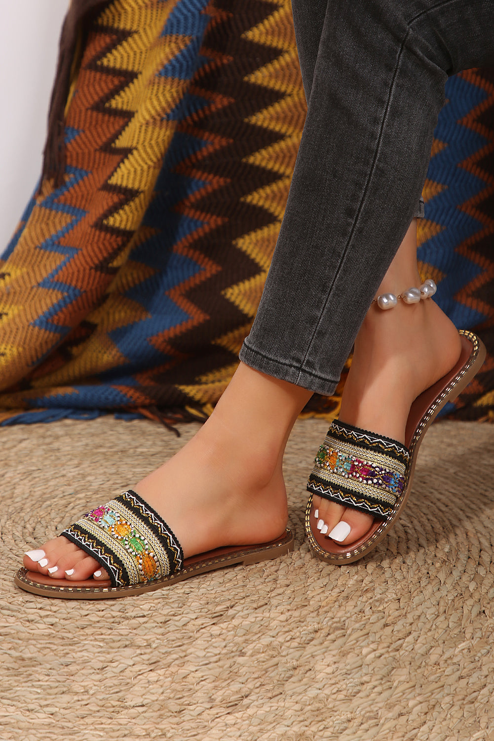 Boho Crochet Faux Leather Beach Slippers