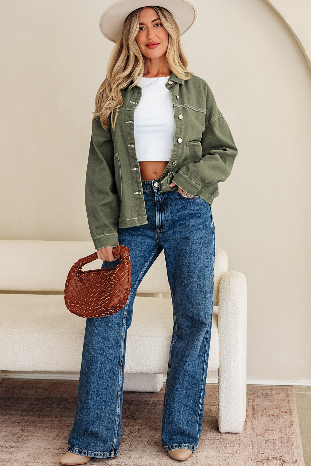 Green Collared  Boyfriend Denim Jacket