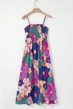 Purple Floral Print Shirred Spaghetti Strap Loose Maxi Dress