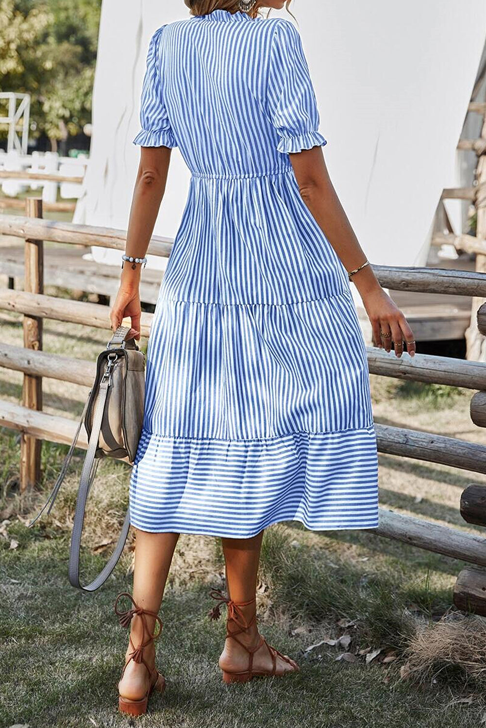 Striped Tassel Tie Flared Midi Dress