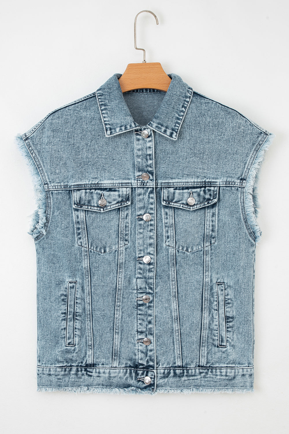 Button Flap Pocket Frayed Denim Vest