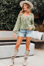 Mist Green Bow Tie Long Sleeve Blouse