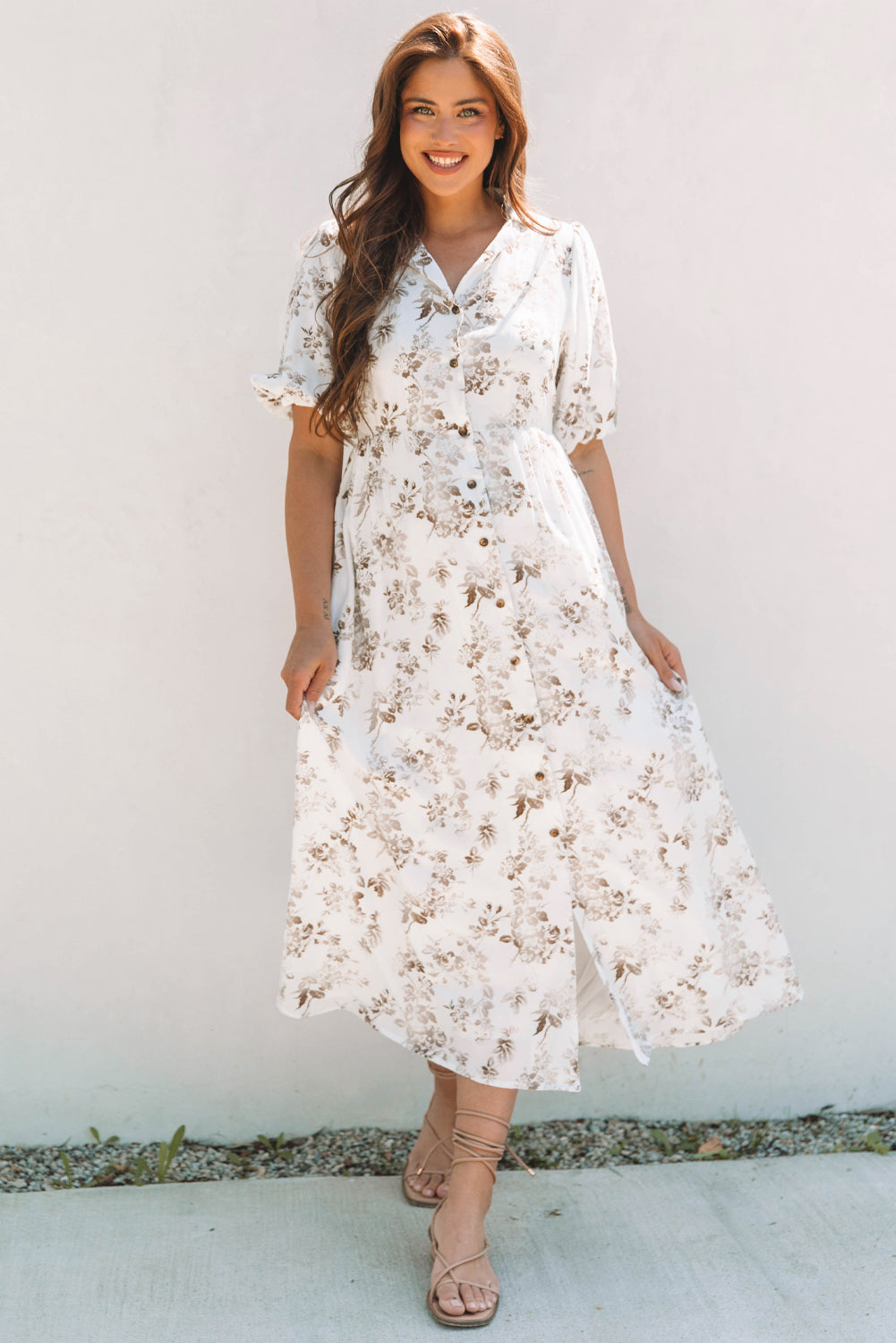 Floral Puff Sleeve V Neck Buttoned Front Maxi Dress