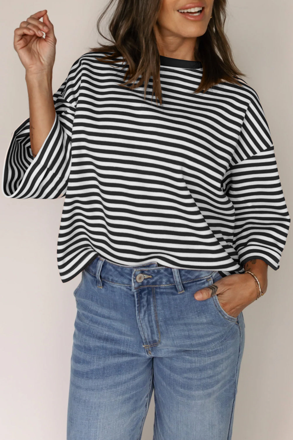 Black Stripe Bowknot Cutout Back Drop Shoulder Tee