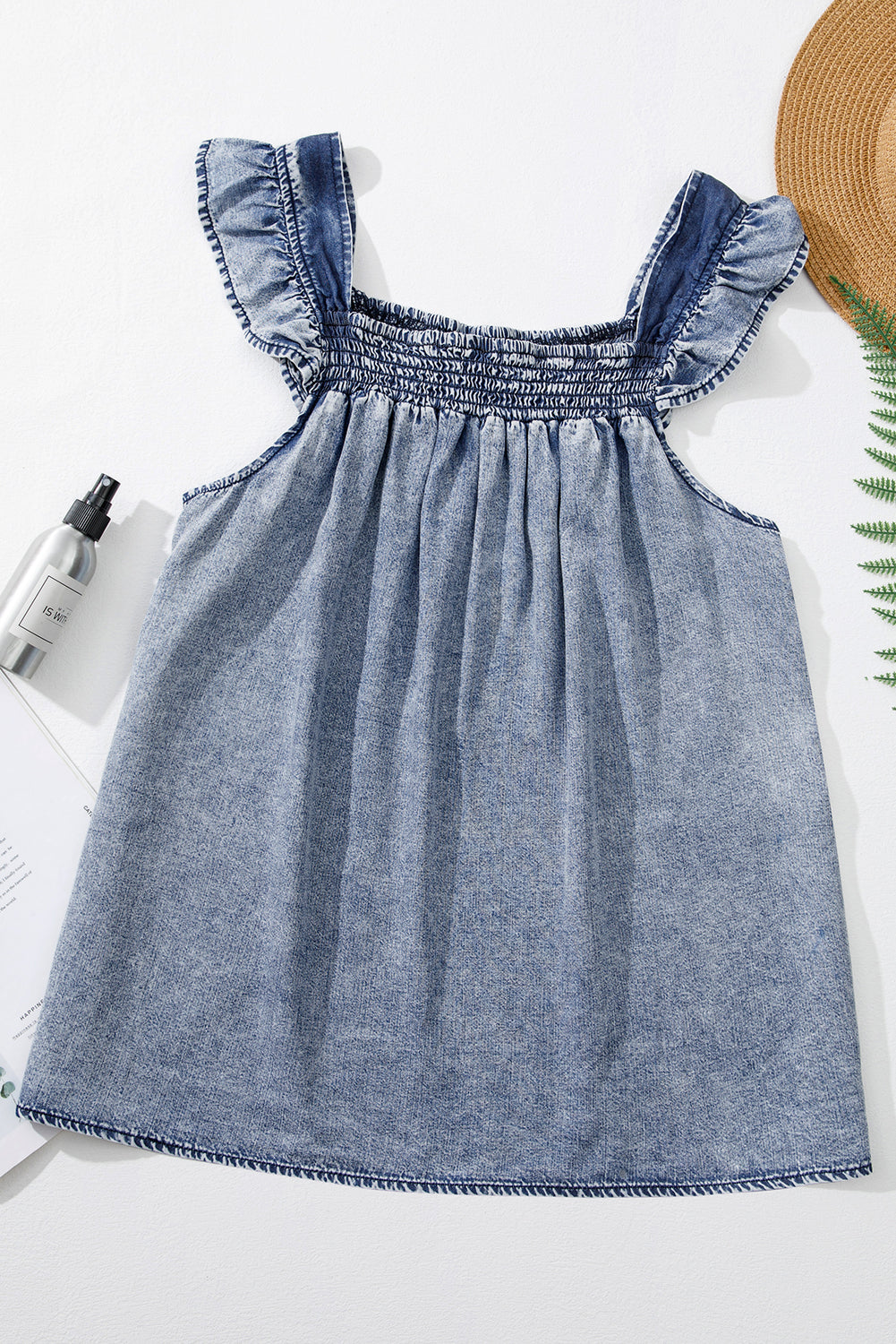 Ruffled Shirred Neckline Denim Tank
