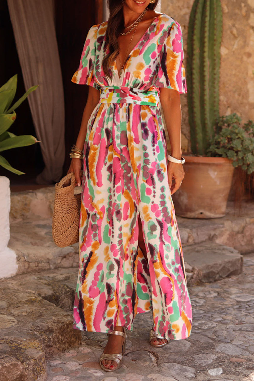 Pink Boho Tie-dye Print Maxi Dress