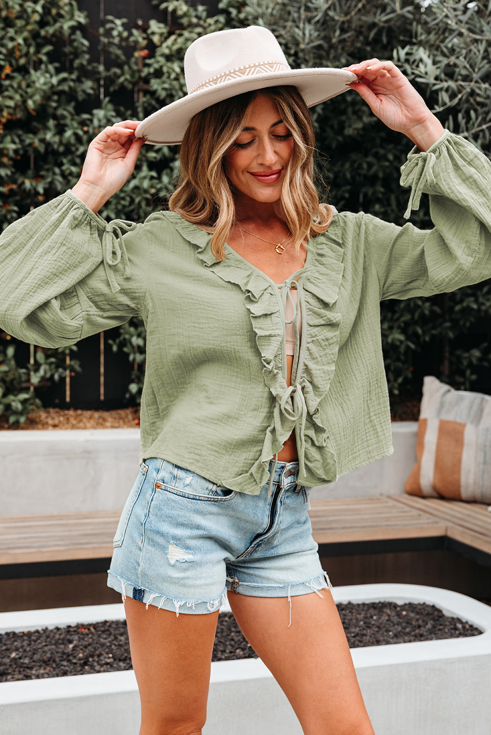 Mist Green Bow Tie Long Sleeve Blouse