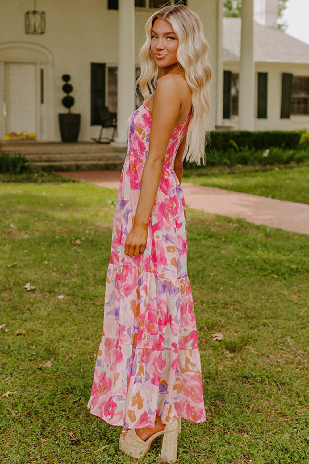 Floral Shirred One Shoulder Maxi Dress