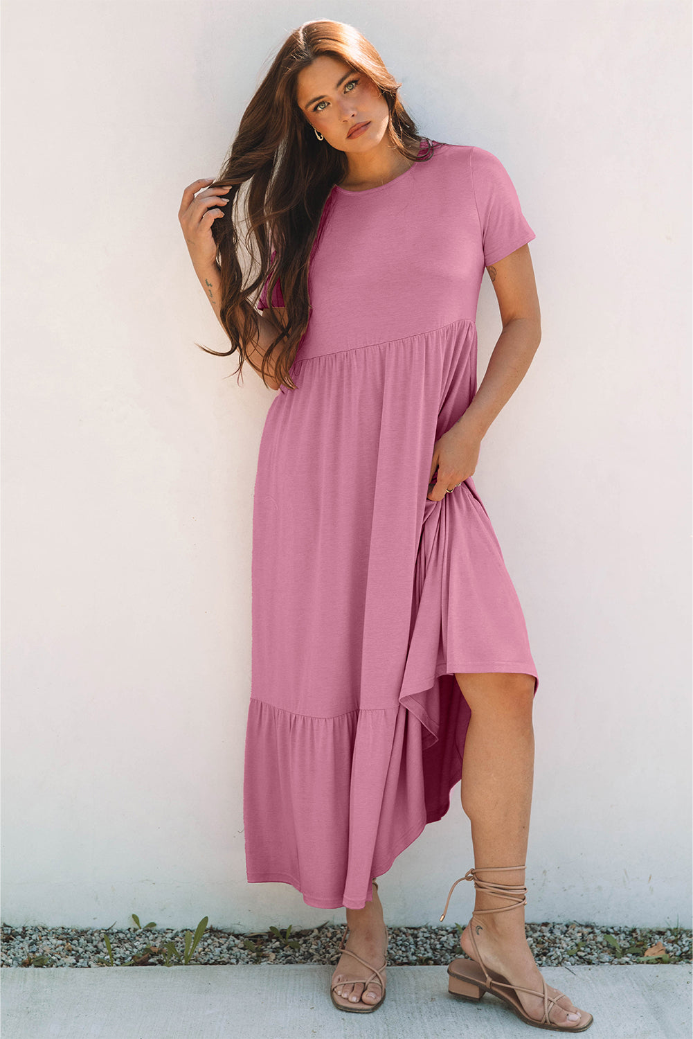 Pink T-shirt High Waist Pocketed Long Dress