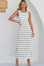 White Stripe Print Open Back Maxi Dress with Slits