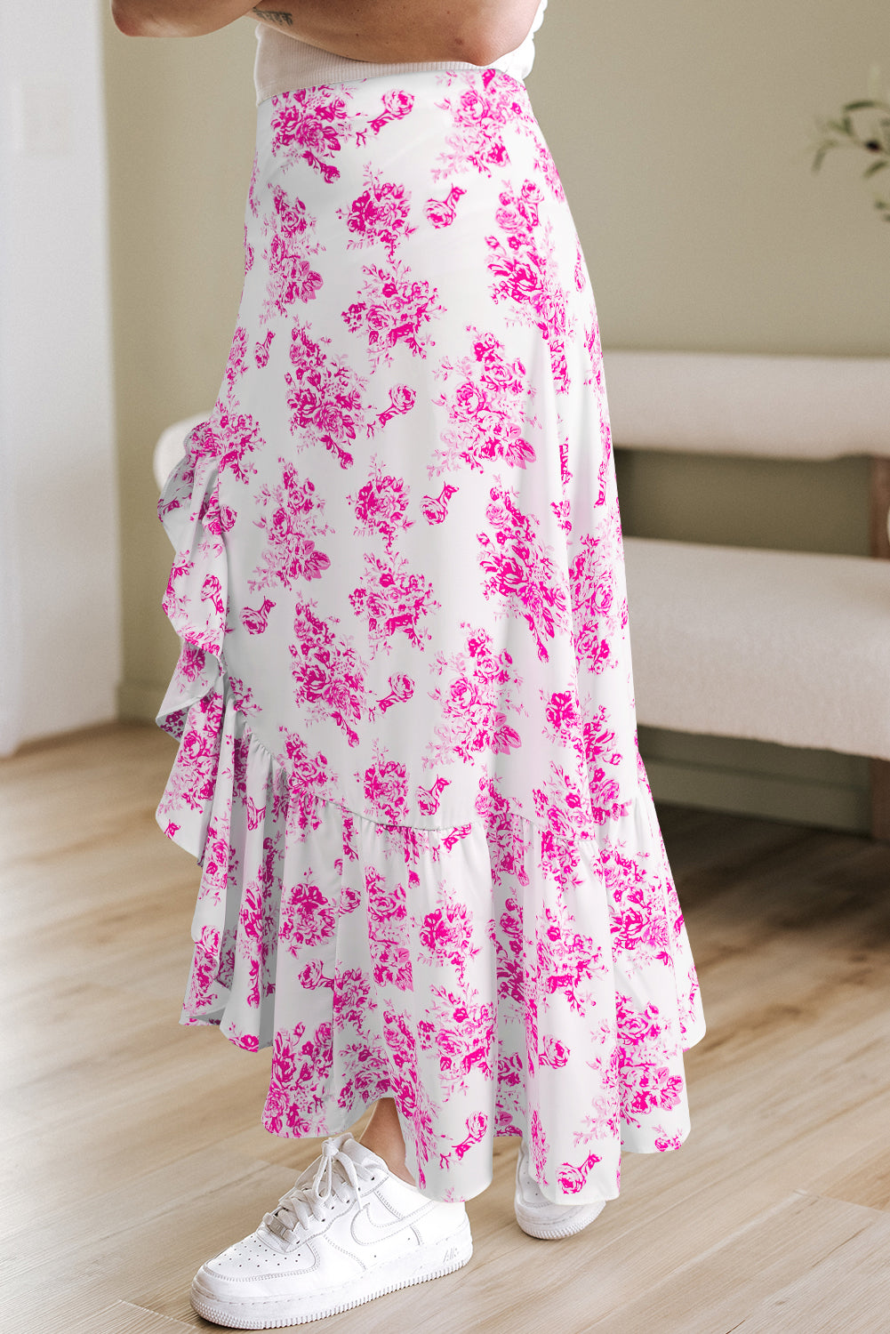 Rose Boho Ruffle Split Maxi Skirt