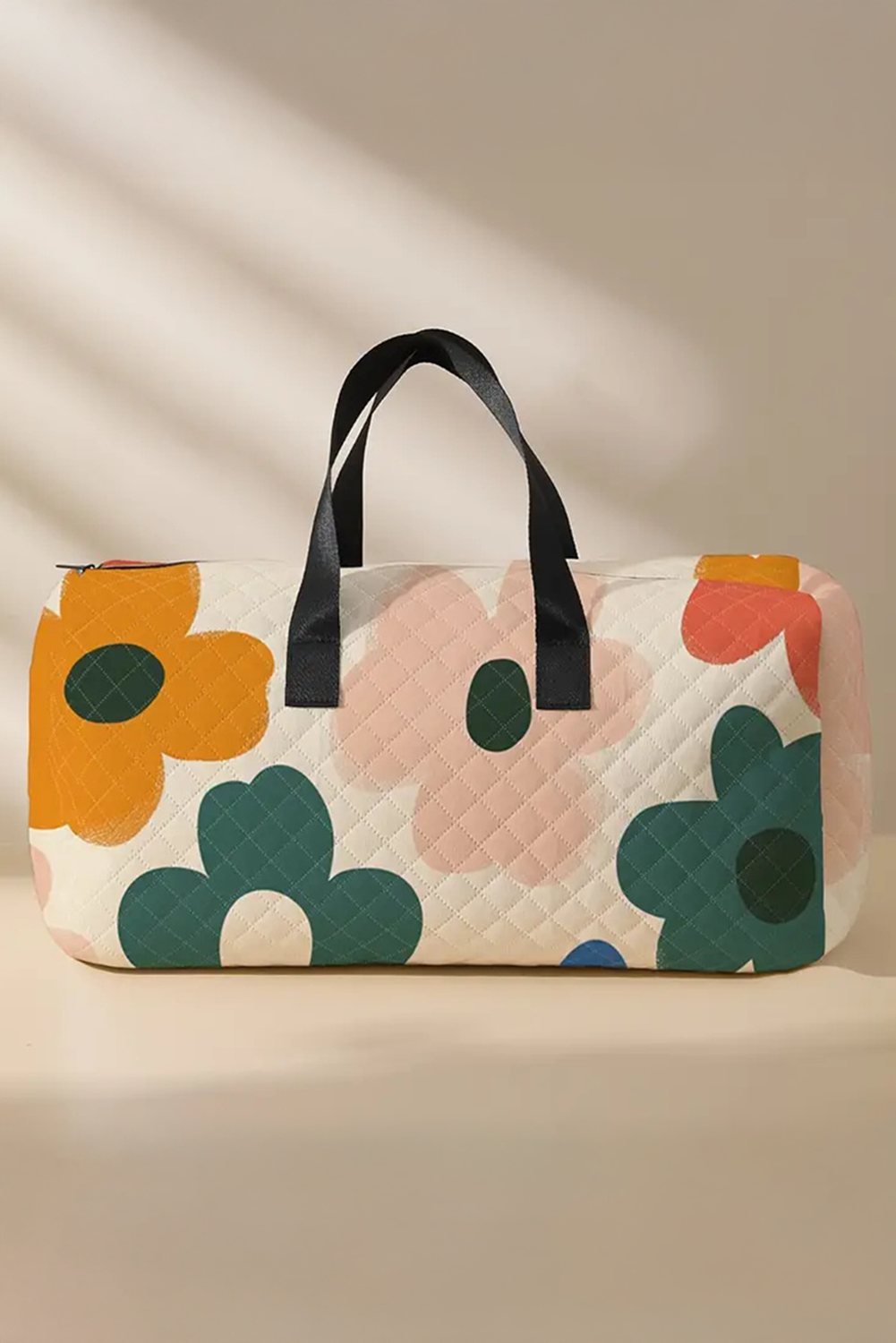 White Flower Print Quilted Duffel Bag
