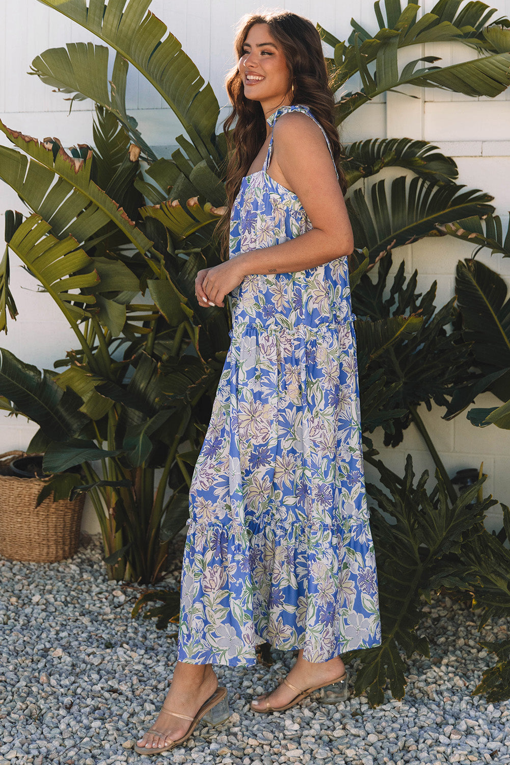 Sky Blue Floral Print Self-tie Straps Flowy Ruffle Long Dress