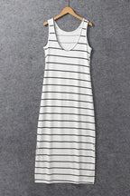 White Stripe Print Open Back Maxi Dress with Slits