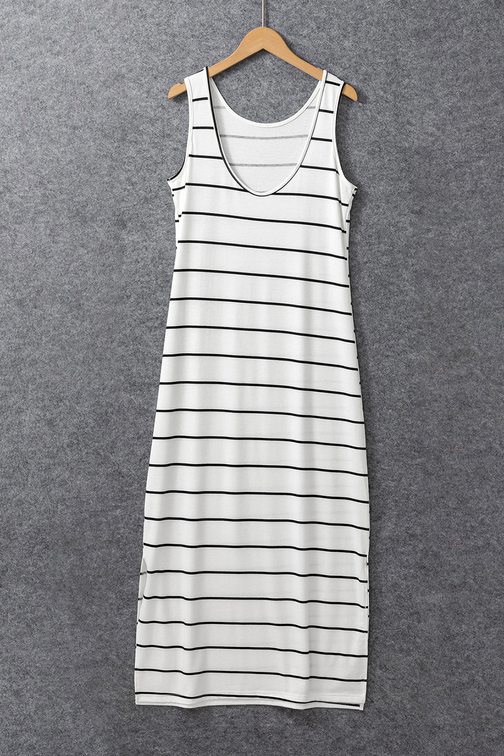 White Stripe Print Open Back Maxi Dress with Slits
