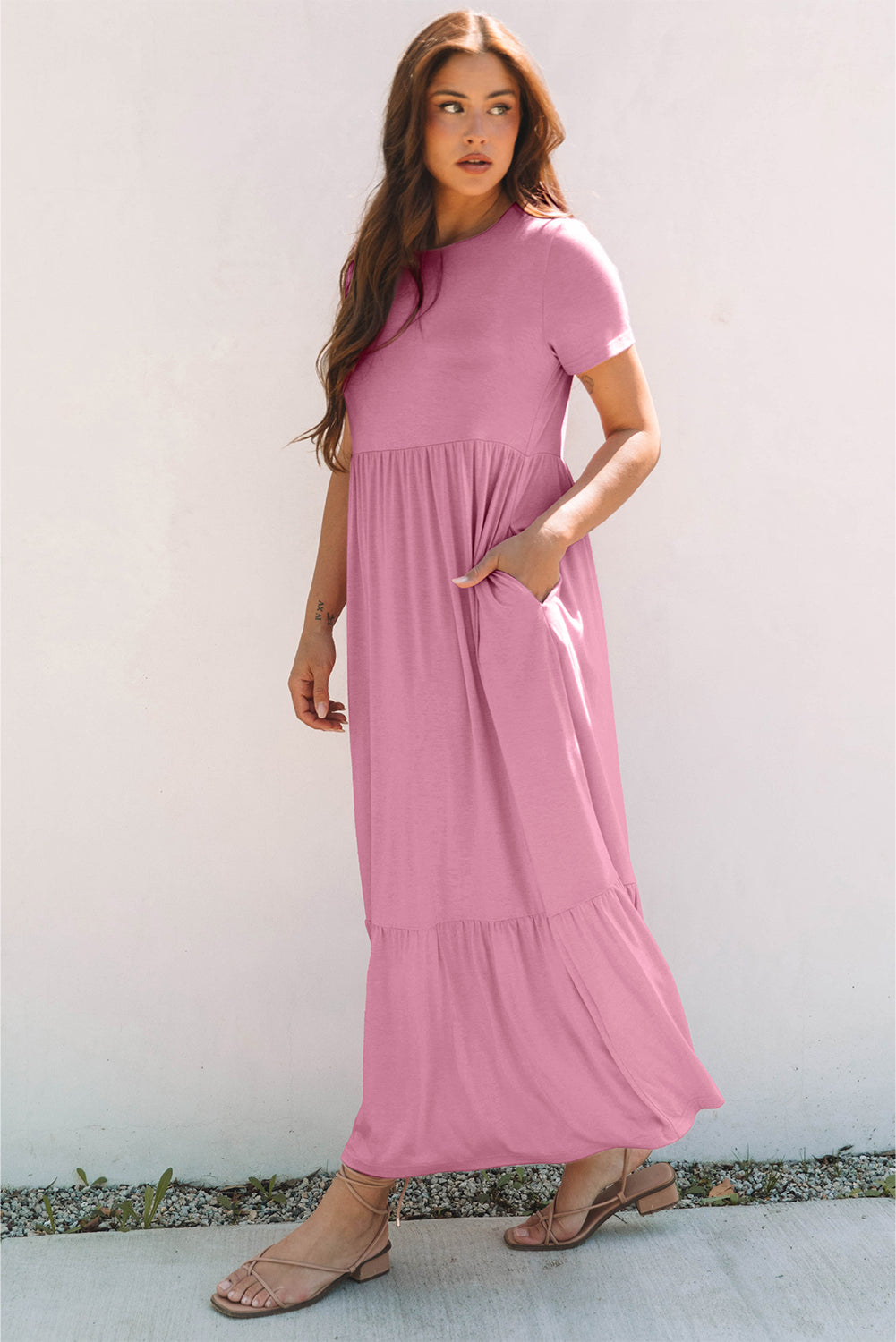 Pink T-shirt High Waist Pocketed Long Dress