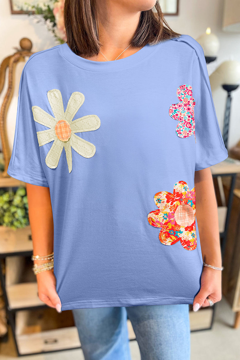 Sky Blue Flower Patched Loose Tee