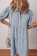 Beau Blue Shirt Collar Button Up Short Puff Sleeve Tiered Shift Dress