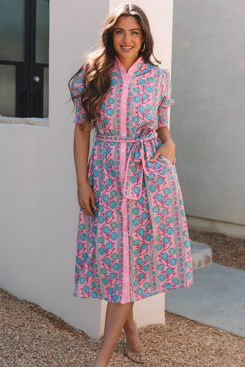 Floral Buttoned Front Midi Dress