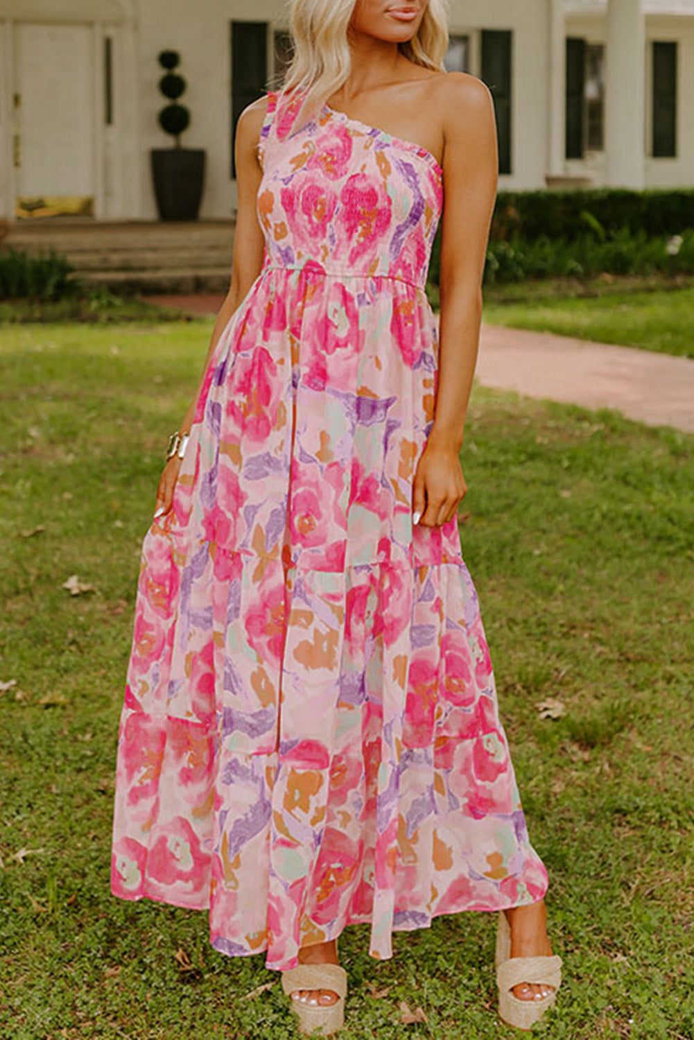Floral Shirred One Shoulder Maxi Dress