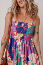 Purple Floral Print Shirred Spaghetti Strap Loose Maxi Dress