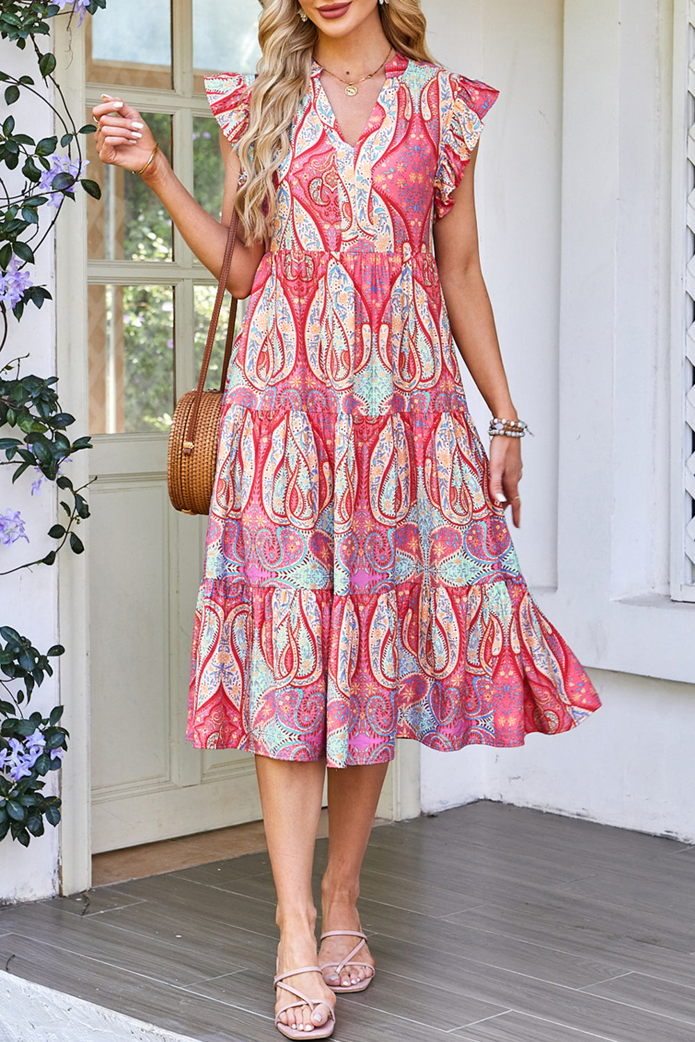 Paisley Print Ruffled Sleeve Midi Dress
