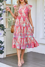 Paisley Print Ruffled Sleeve Midi Dress