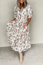 Floral Puff Sleeve V Neck Buttoned Front Maxi Dress