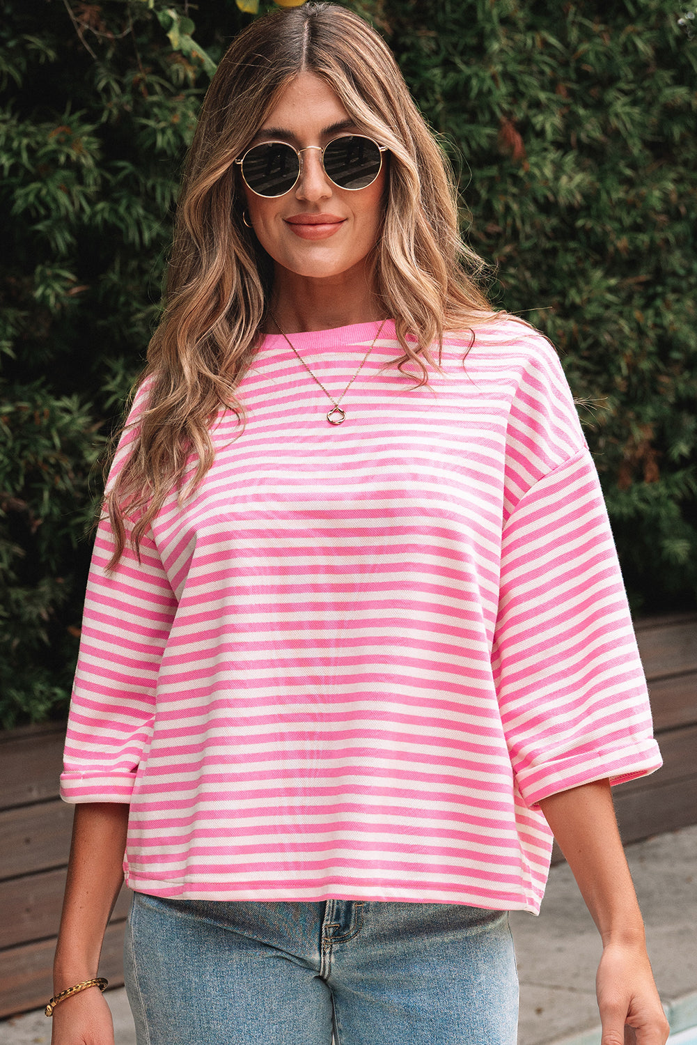 Stripe Bowknot Cutout Back Drop Shoulder Tee
