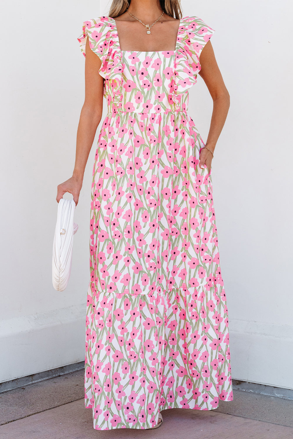Floral Print Ruffled Strap Maxi Dress