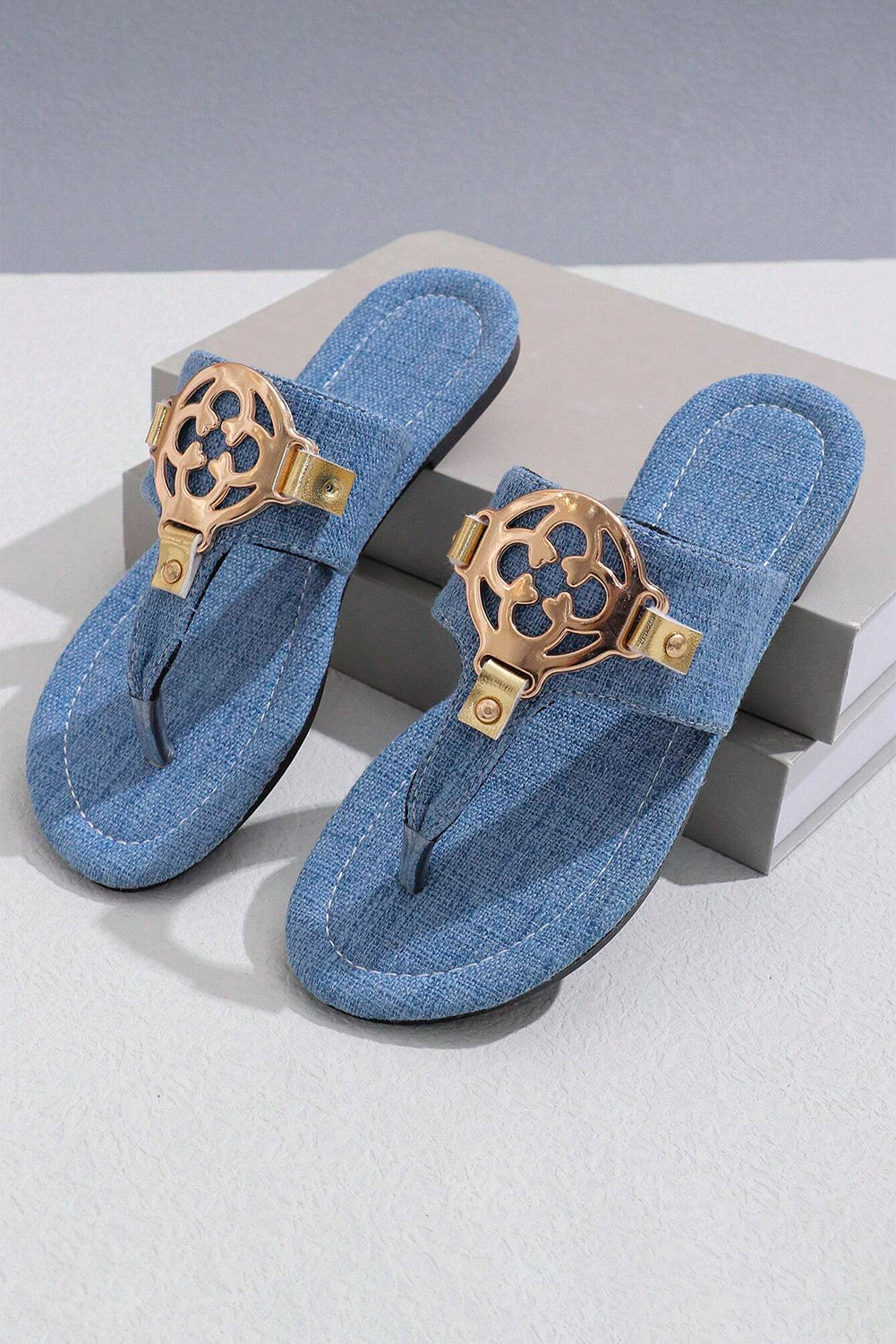 Dusk Blue Leather Thong Slippers