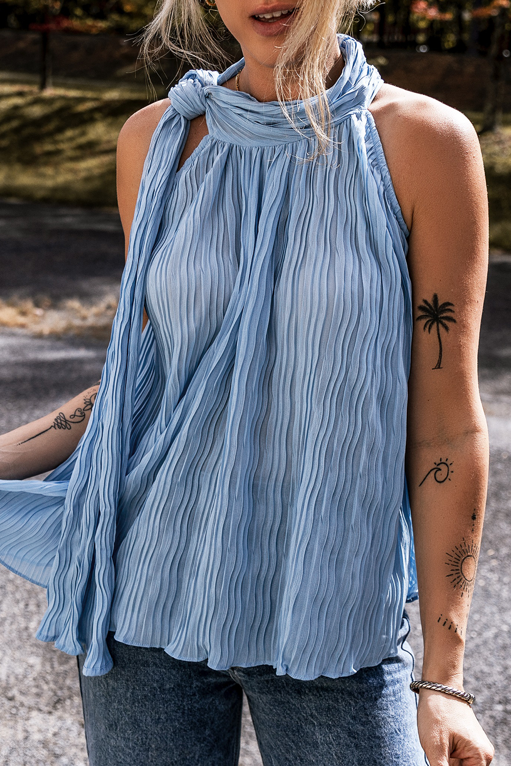 Pleated Tied Mock Neck Tank Top