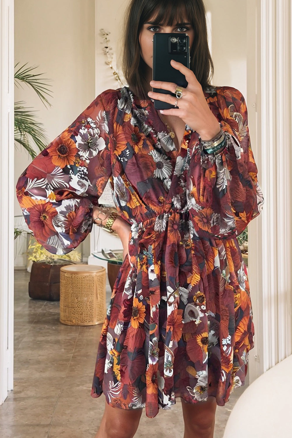 Floral Print Wrap Puff Sleeve Mini Dress