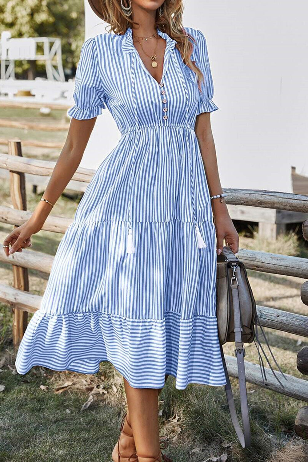 Striped Tassel Tie Flared Midi Dress