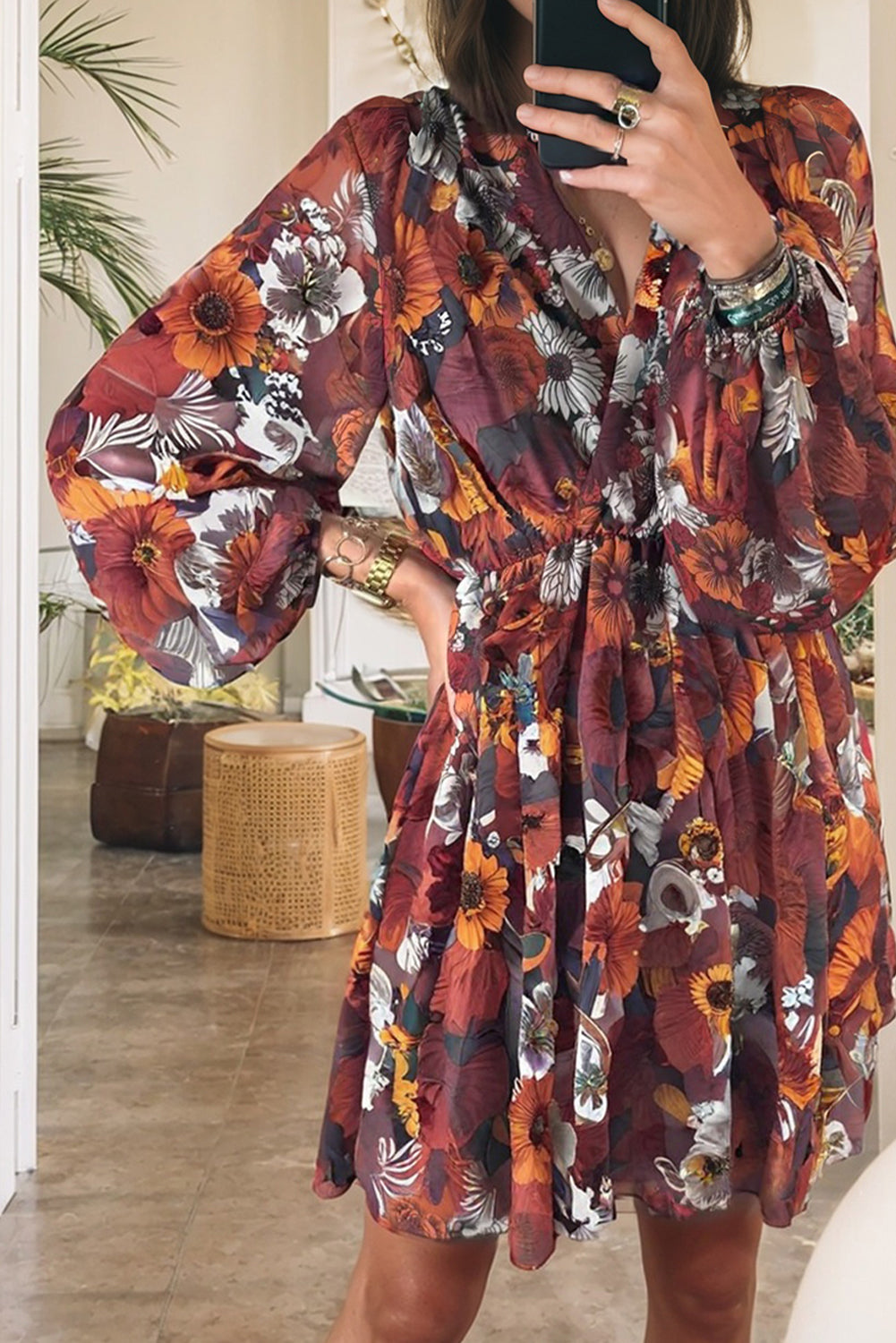 Floral Print Wrap Puff Sleeve Mini Dress