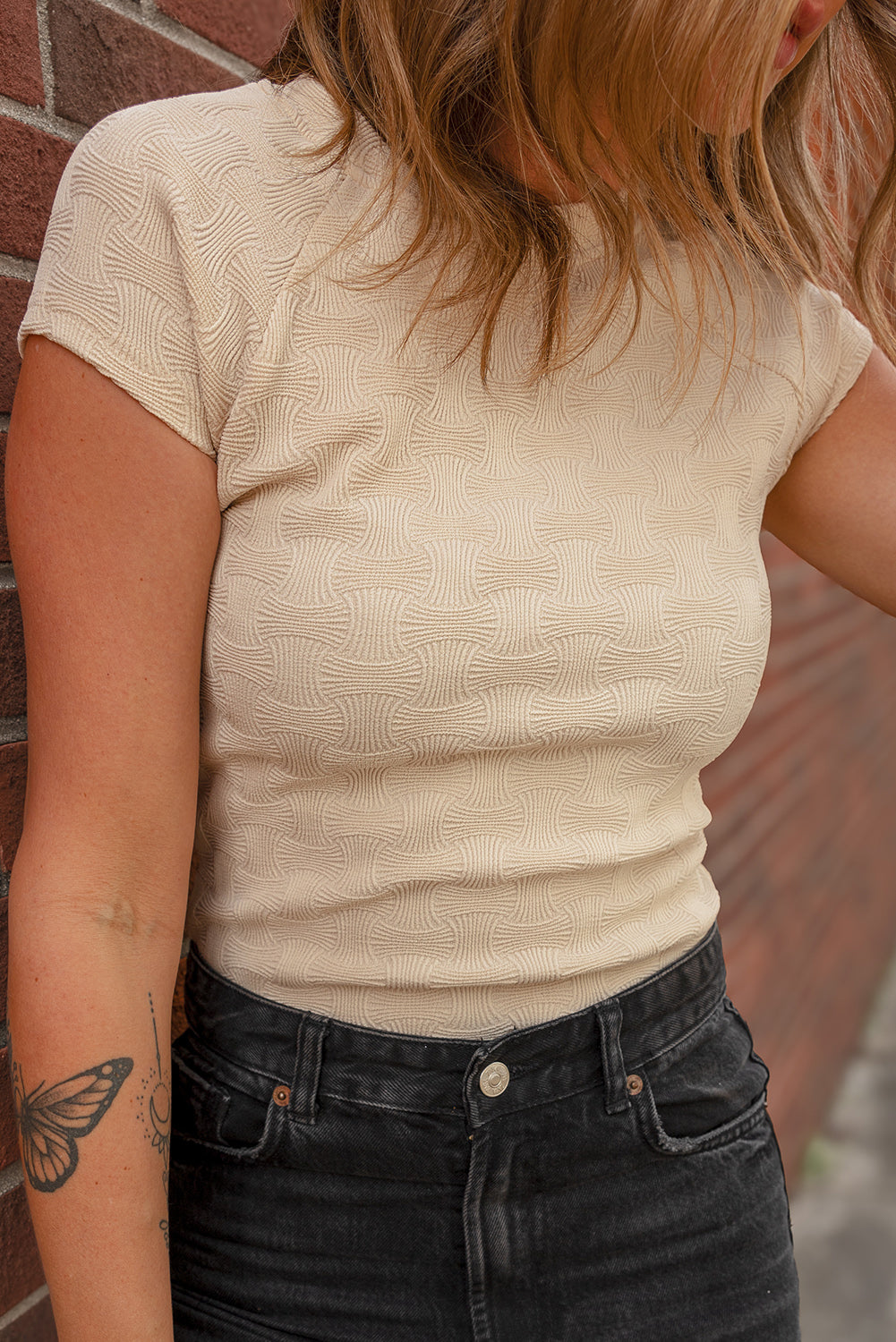 Beige Textured Crew Neck T Shirt