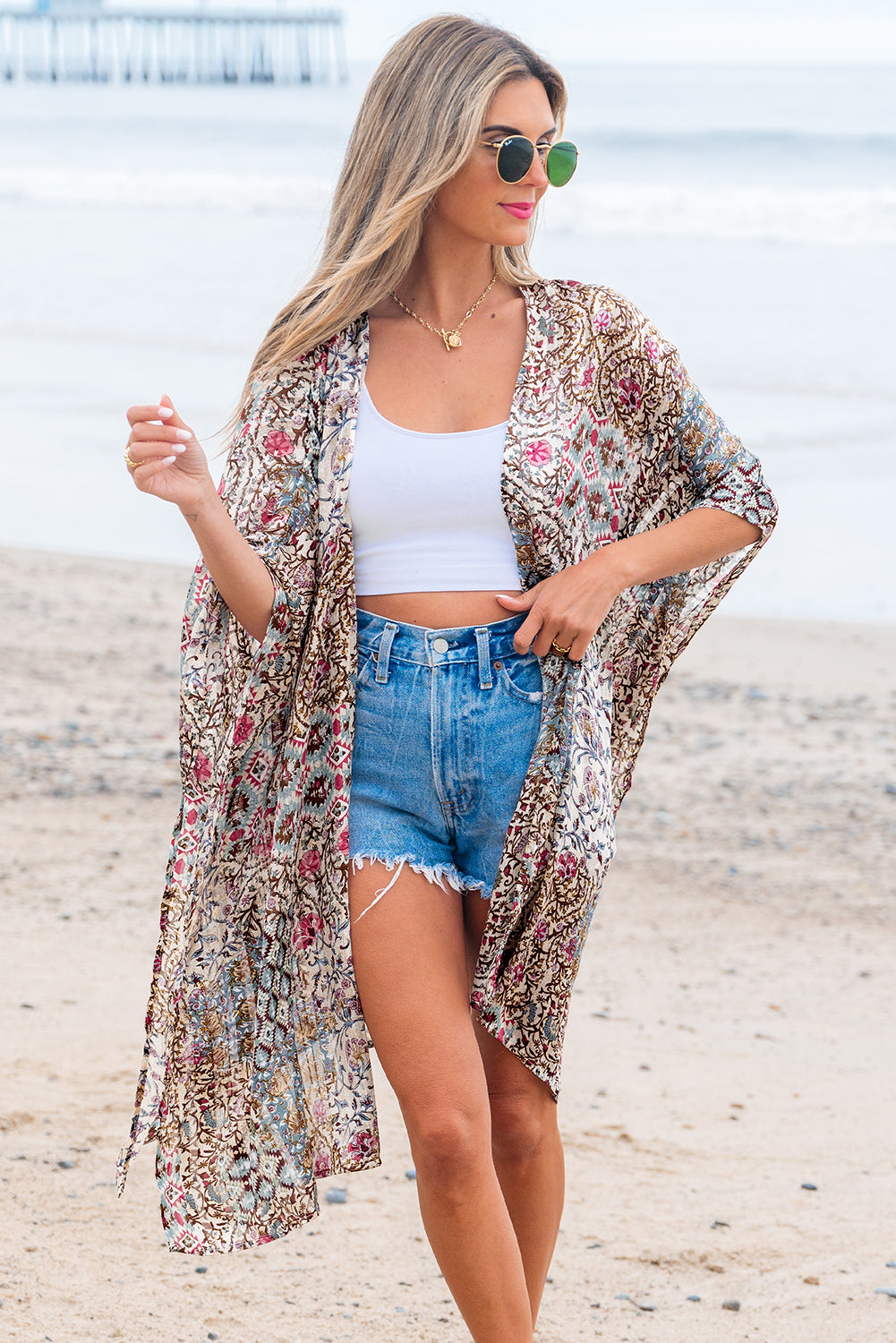 Apricot Floral Print Open Front Loose Kimono