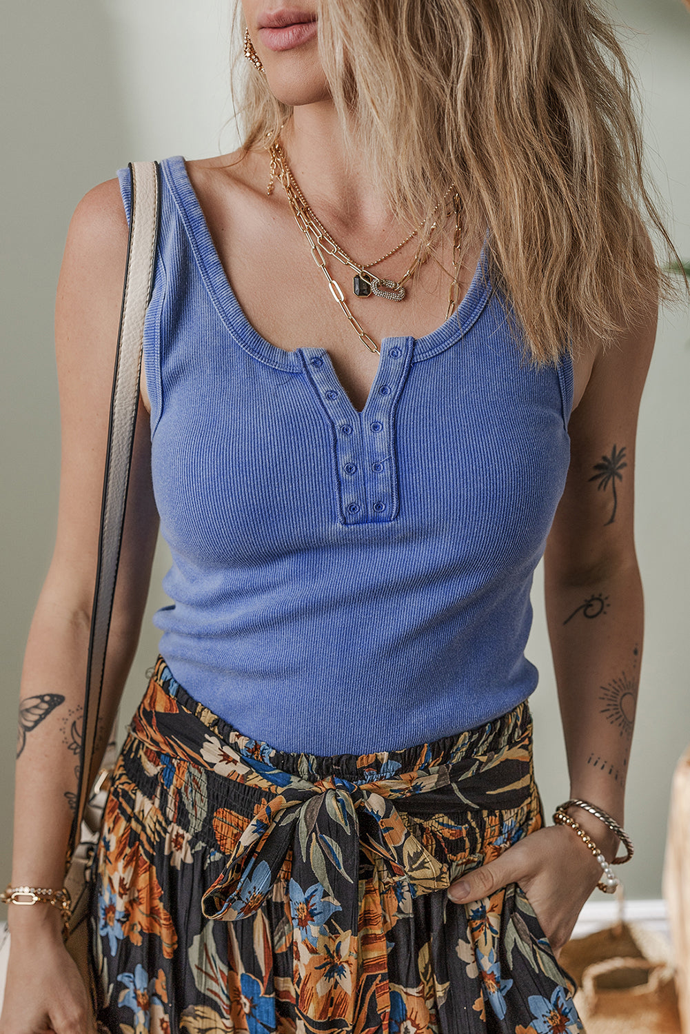 Washed Ribbed Notch Neck Tank Top