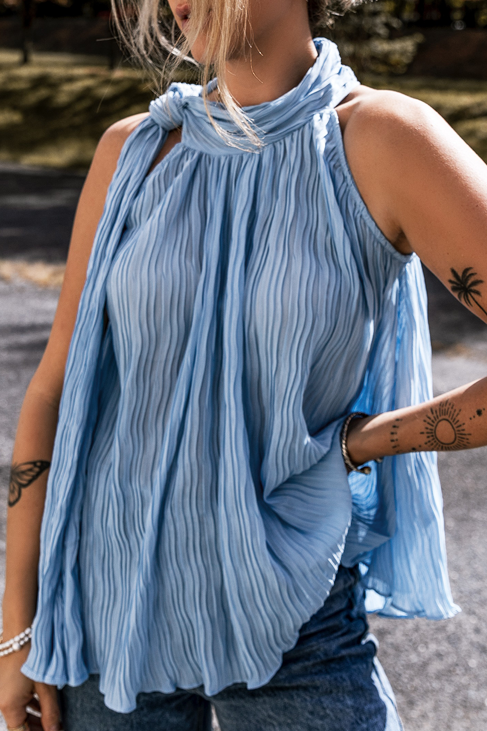 Pleated Tied Mock Neck Tank Top