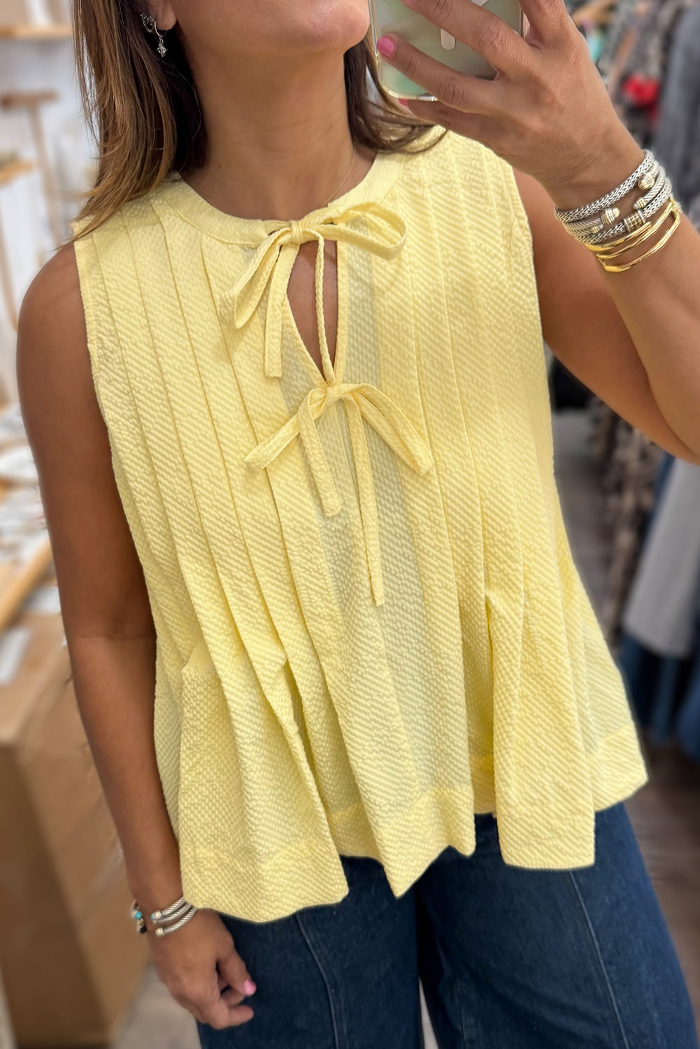 Notched Neck Pleated Tank Top